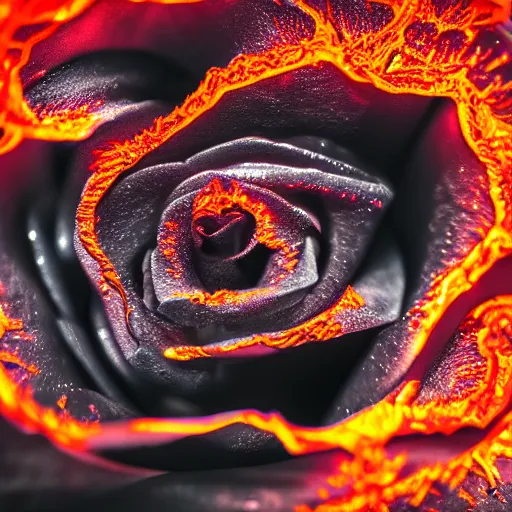 Image similar to award - winning macro of a beautiful black rose made of glowing molten magma