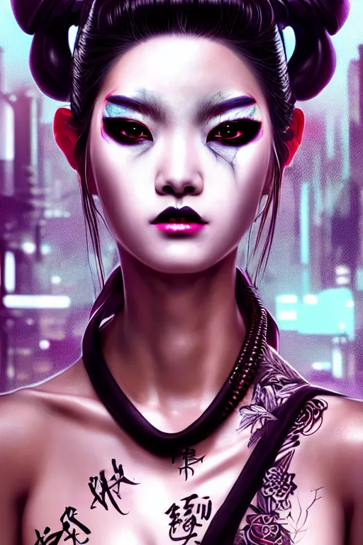 Image similar to soft lustrous ebony asian geisha goddess yakuza biotech raver gutter punk gothic cyborg, cyberpunk city, urban decay, decay, underworld, dark art, highly detailed, digital painting, octane render, artstation, concept art, smooth, sharp focus, illustration, art by artgerm, loish, wlop