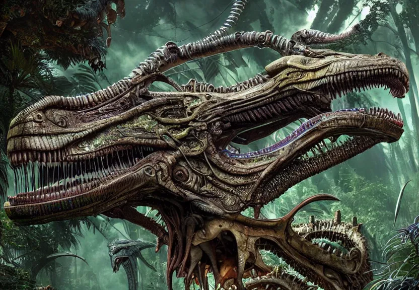 Image similar to extremely detailed. full body pictures of a gem - toned cybernetic tyrannosaurus rex engine. iridescent biomechanical giger ’ s xenomorph. the thing. detailed and intricate environment, wide angle, hyperrealism, plants and jungle, detailed and intricate environment, reflective, dynamic lighting, studio ghibli, 8 k