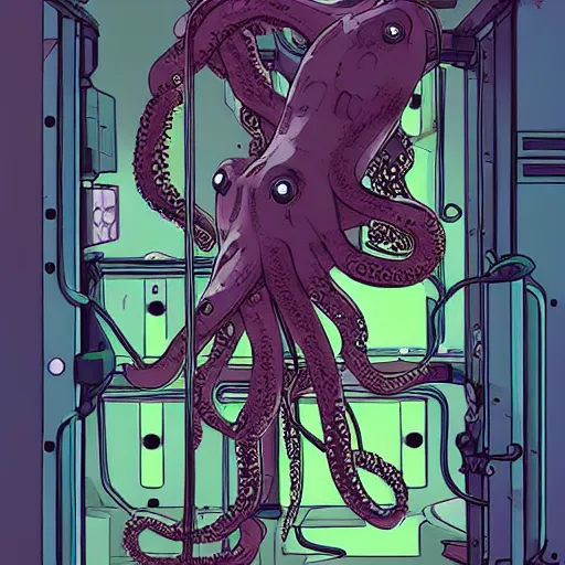 Prompt: robotic Octopus in an airlock, Industrial Scifi, detailed illustration, character portrait, by Martin Grip and Moebius