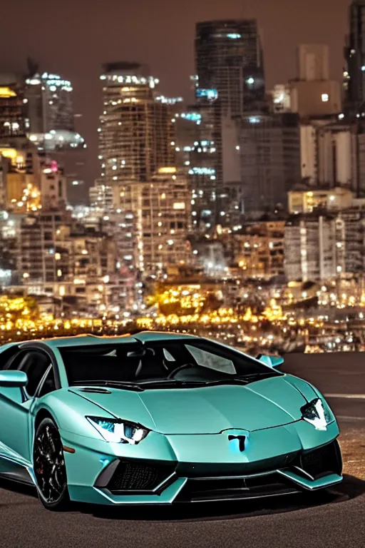 Image similar to Photo of a Lamborghini Aventador, Bondi Beach in the background, high resolution, award winning, highly detailed, night, volumetric lighting, 35mm lens.