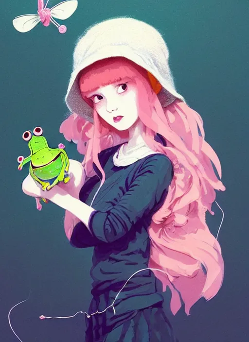 Image similar to highly detailed portrait of a cute fairy girl with a bucket hat holding a frog plushie, tartan hoody, photographic realistic background, ringlet hair by atey ghailan, by greg rutkowski, by greg tocchini, by james gilleard, by joe fenton, by kaethe butcher, gradient pink, cream, celeste and white color scheme, trending in instagram, award winning details