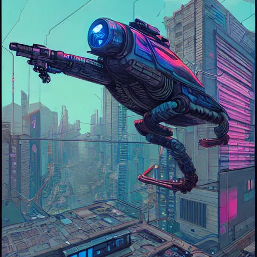 Image similar to Long shot of cyberpunk turtle cyborg on the street of a cyberpunk city, view from bottom to top, 150 mm lens, art by Josan Gonzalez, sci-fi, highly detailed, digital painting, artstation, smooth, sharp focus, illustration, concept art by Josan Gonzalez and James Gurney and Mœbius