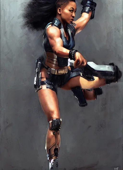 Prompt: black chun li doing high kick. cyberpunk police trooper in a military vest ( blade runner 2 0 4 9, cyberpunk 2 0 7 7 ). orientalist portrait by john william waterhouse and james gurney and theodore ralli and nasreddine dinet, oil on canvas. cinematic, hyper realism, realistic proportions, dramatic lighting, high detail 4 k