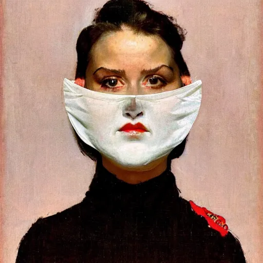 Image similar to frontal portrait of a woman with a white plastic theater mask, by norman rockwell