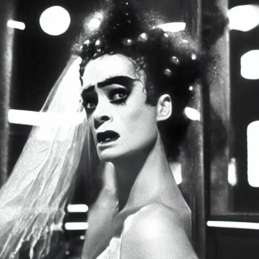 Prompt: cinematic portrait of bride of frankenstein as a replicant in a nightclub, frightened and angry, ready to fight, still from the movie bladerunner, fashion photography, a neon sign is in the background