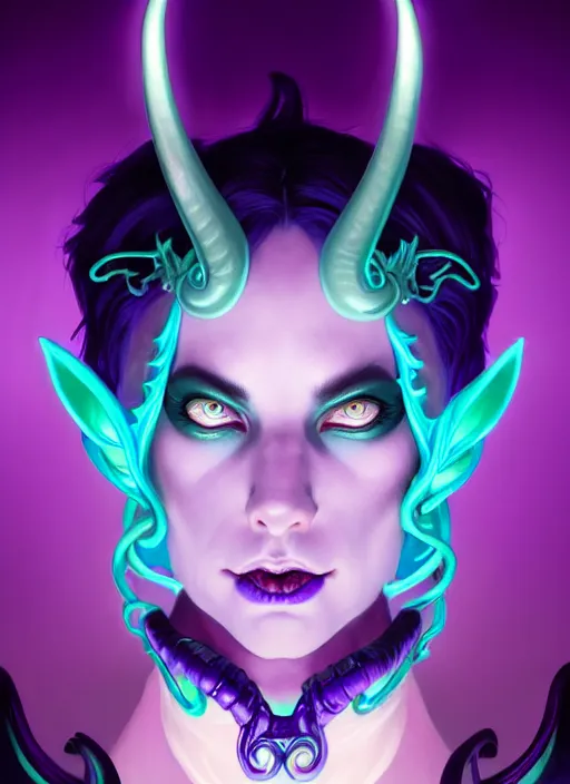 Image similar to symmetry!! portrait of a feminine mischievous trickster male purple and teal skinned tiefling with demon horns and piercings bard, glowing lights!! intricate, elegant, highly detailed, digital painting, artstation, concept art, smooth, sharp focus, illustration, art by artgerm and greg rutkowski and alphonse mucha