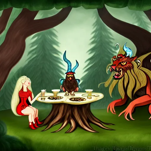 Image similar to fantasy illustration of a manticore at a tea party with a gnome wizard and and ogre knight of the realm. Setting is a forest. Table is a tree stump with a kettle on top