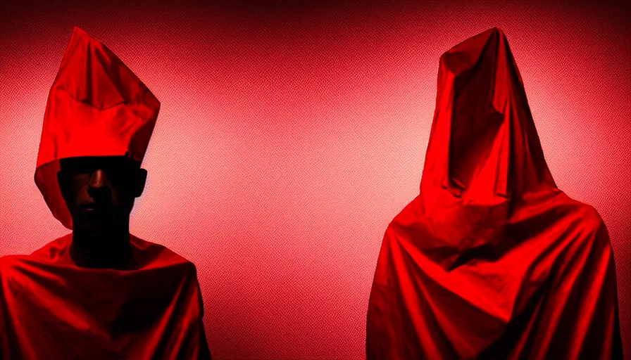 Prompt: portrait photograph of enigmatic figure wrapped in red sheet in darkness, high contrast, hard light, digital art, rendering, cloth simulation, redshift