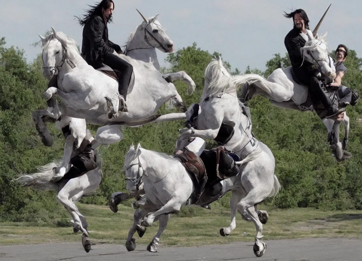 Prompt: keanu reeves riding a flying unicorn