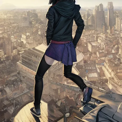 Prompt: cassandra cain wearing a hoodie and street clothes, overlooking the city, cg animation, capcom, realistic, character select portrait, by artgerm, greg rutkowski, alphonse mucha, 3 d