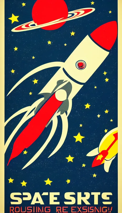 Prompt: retro propaganda poster for space exploration, rocket launching, stars and planets