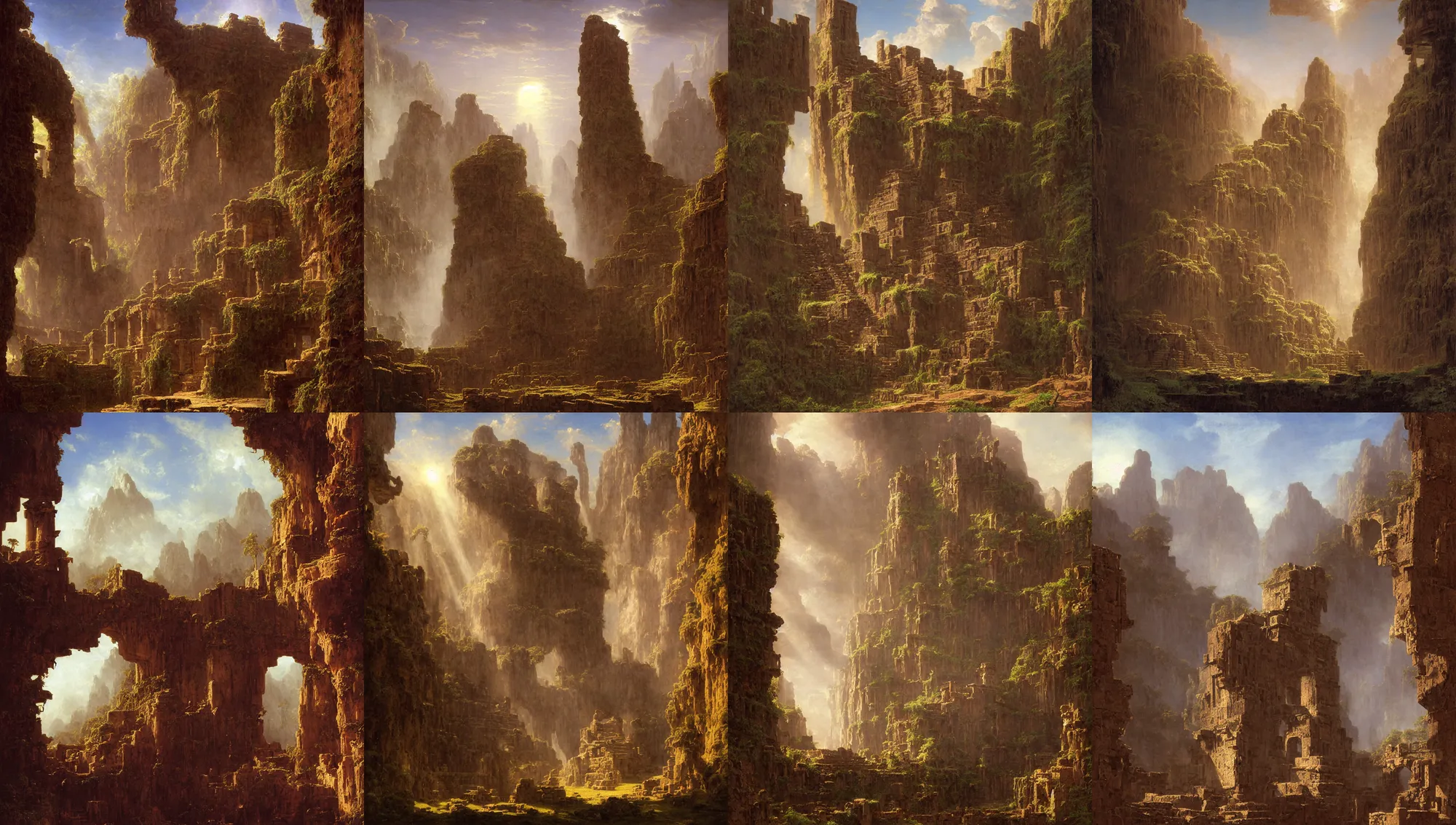 Prompt: aztec ruins built on the walls of a cave by jorge jacinto, albert bierstadt, jim burns, edwin church, frederic thomas cole, brown durand, asher david friedrich, caspar james gurney, johnson heade, martin raphael lacoste, ted nasmith, andreas rocha, christophe vacher, mystical, fantasy, rays of sun light, atmospheric lighting