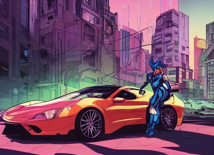 Image similar to a sport car in a city, sharp focus. cinematic pose, cinematic lighting, art by josan gonzales and moebius and deathburger.