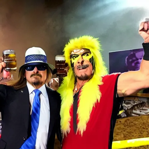 Prompt: Kid Rock wearing an eagle costume supplexing President Biden dressed like the Ultimate Warrior while Stone Cold Steve Austin drinks beer