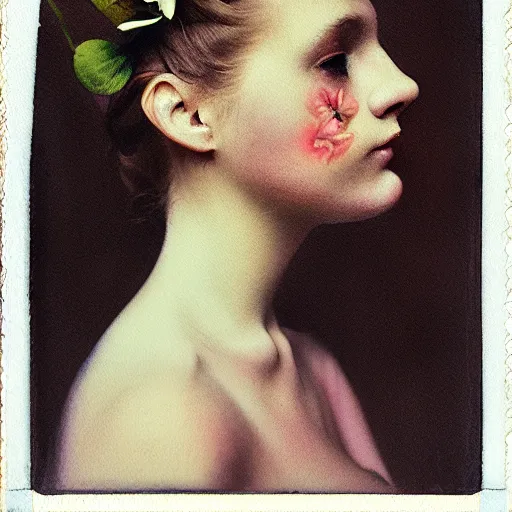 Prompt: close up of a girl morphing into flowers, watercolor vintage polaroid by gottfried helnwein, by hammershøi, art noveau, highly detailed, lights by edward hopper, liminal, eerie, bright pastel colors