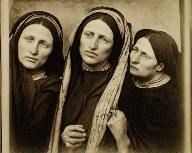 Image similar to the three marys at the sepulchre, expressive faces, julia margaret cameron