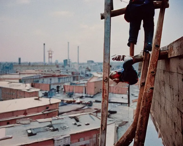 Image similar to lomo photo of roofjumpers climbing on roof of soviet hrushevka, small town, cinestill, bokeh, out of focus