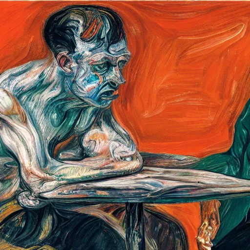 Image similar to high quality high detail expressionist painting of a man in agony by lucian freud and jenny saville edvard munch and francis bacon, hd, anxiety, seated at table, turquoise and orange