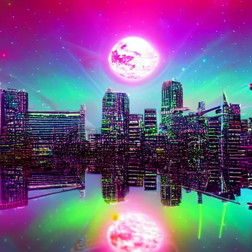 Image similar to modern city, night time, neon colours, water front apart of city, stars and comet in sky, high def, 8 k, hd, high definition building, made with spray paint,
