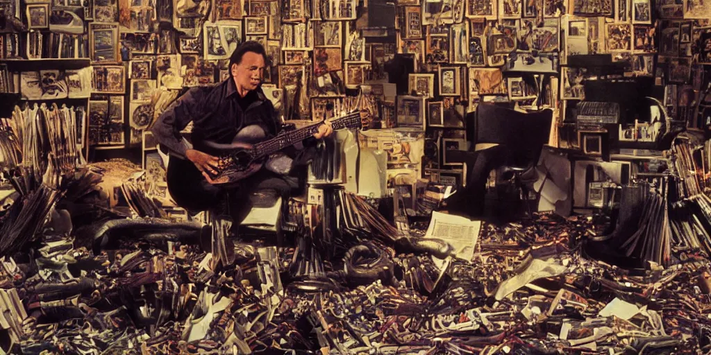 Image similar to Johnny Cash croons snake guitar amidst reels of tape, newspaper clippings and sheathes of wheat, still from the unreleased movie UNLESS YOU HATE BULL RUNS directed by Federico Fellini, hyperreal lifelike cinematography with purple and green atmospheric light and shadow, 35mm film, rendered in octane with snakeoil subsurface scattering