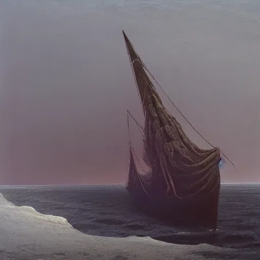 Image similar to an ice gunboat by Zdzisław Beksiński, oil on canvas