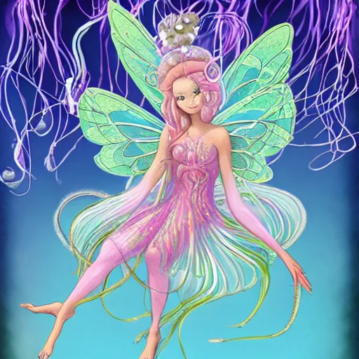 Prompt: fairy fused with mythological jellyfish dressed