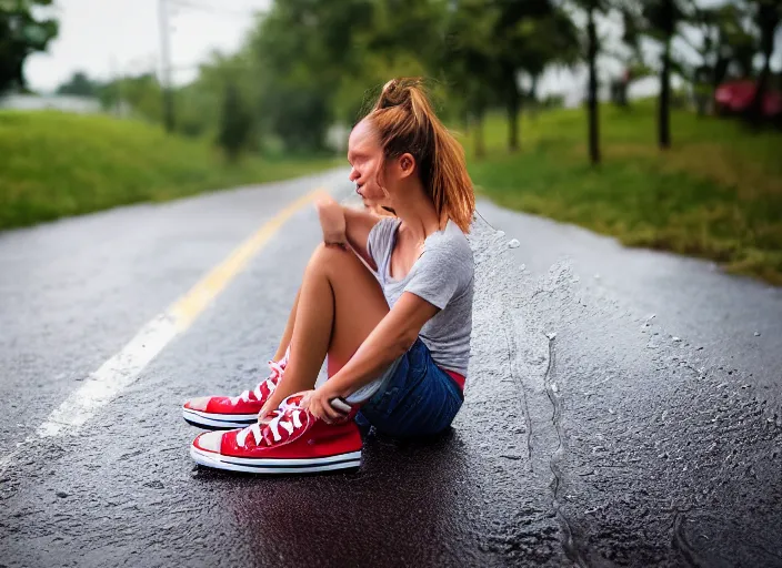 Image similar to side view of the legs of a woman sitting on a curb, short pants, wearing red converse shoes, wet aslphalt road after rain, blurry background, sigma 8 5 mm