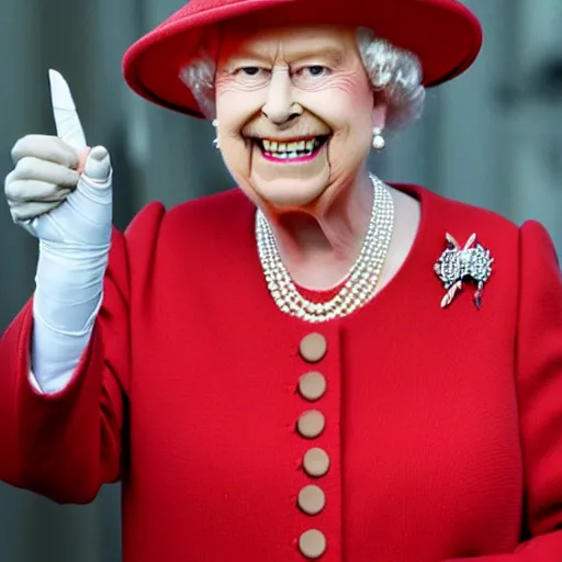 Prompt: the queen of england grinning rudely and pointing her middle finger, in a magazine cover photo. highly detailed hands