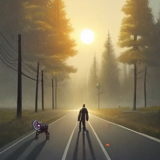 Image similar to Beautiful cinematic scene of a robot walking alongside an empty road surrounded by trees, at night, soft lighting, peaceful, science fiction, award-winning, cinematic lighting, insanely detailed, very realistic, Artstation, Cgsociety, by Simon Stalenhag