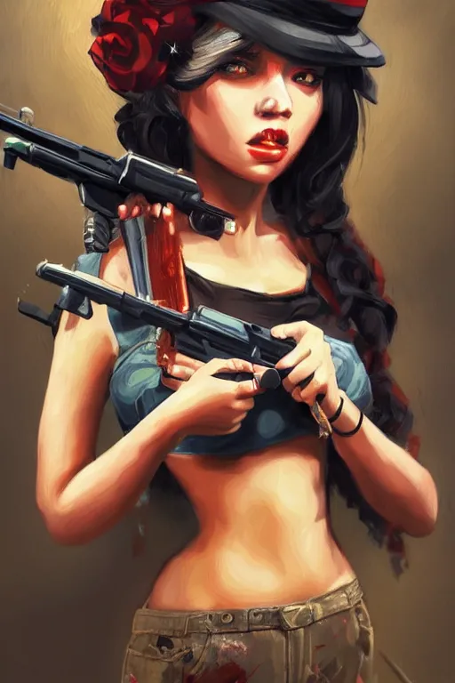 Image similar to painting of a gangster girl with guns, cute face, intricate, highly detailed, digital painting, official media, concept art, rich vivid colors, ambient lighting, sharp focus, illustration