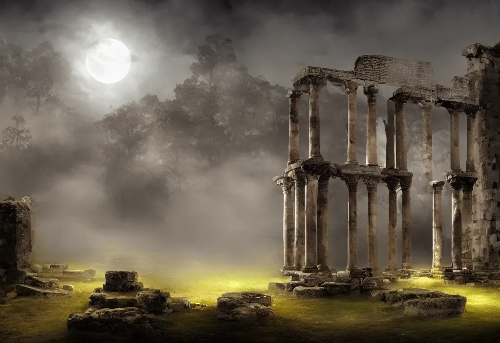 Prompt: roman ruins, moonlit with ambient fog, michael jackson with yellow eyes, trending on art station