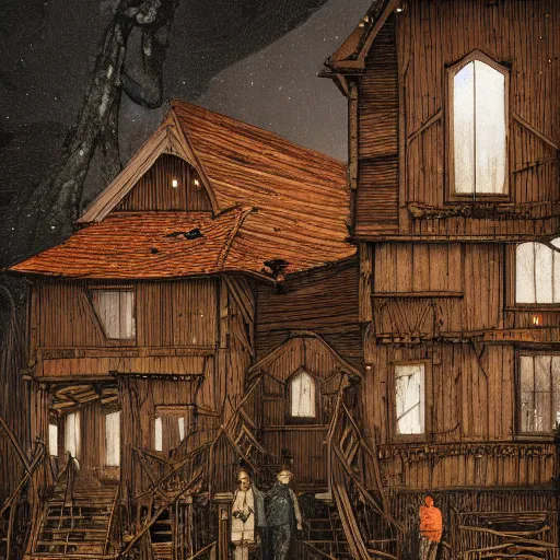 Prompt: two husbands leave each other inside broken wooden house, detailed intricate ink illustration, dark atmosphere, detailed illustration, hd, 4k, digital art, overdetailed art, concept art, by greg rutkowski, by loish, complementing colors, Trending on artstation, deviantart