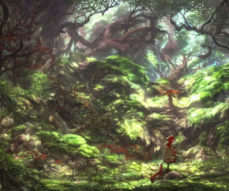 Image similar to gecko in a forest, anime fantasy illustration by tomoyuki yamasaki, kyoto studio, madhouse, ufotable, comixwave films, trending on artstation