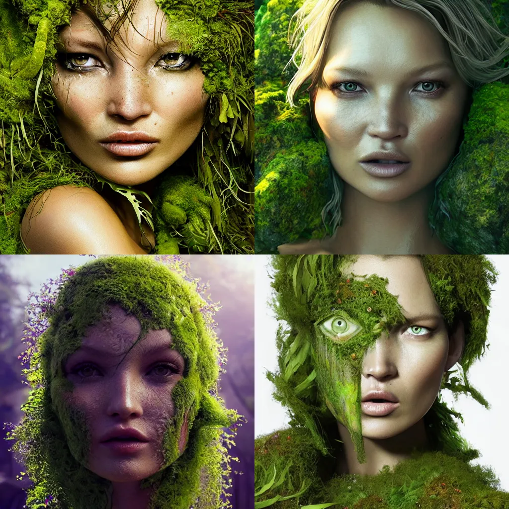 Prompt: tropical mossy face reminiscent on kate moss with moss growing face and head, like mossy garden, mossy makeup, intricate, epic lighting, cinematic composition, hyper realistic, 8k resolution, unreal engine 5, by Artgerm, tooth wu, dan mumford, beeple, wlop, rossdraws, James Jean, Andrei Riabovitchev, Marc Simonetti, yoshitaka Amano, Artstation