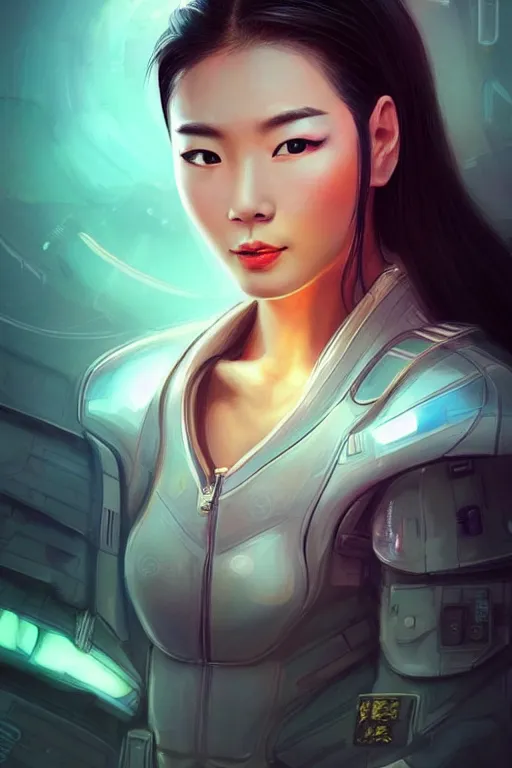 Image similar to portrait futuristic beautiful Asian trending on artbreeder, pinterest Airforce armored pilot Girl, at inside of future fighter aircraft, ssci-fi, fantasy, intricate, very very beautiful, elegant, human anatomy, neon light, highly detailed, digital painting, artstation, concept art, soft light, smooth, sharp focus, illustration, art by tian zi and WLOP and alphonse mucha