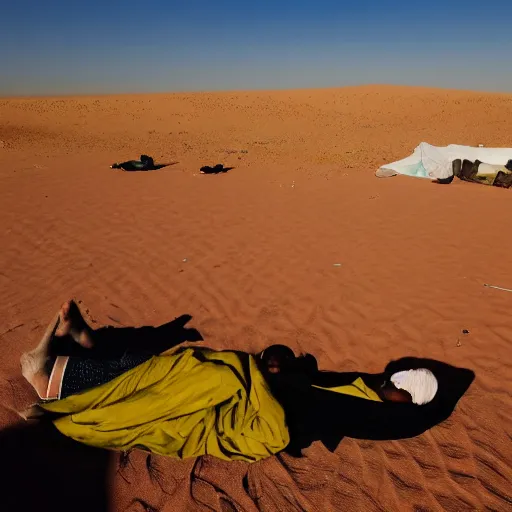 Image similar to a photo of Ghandi sleeping rough in the Sahara during eclipse sunrise, perfect lighting