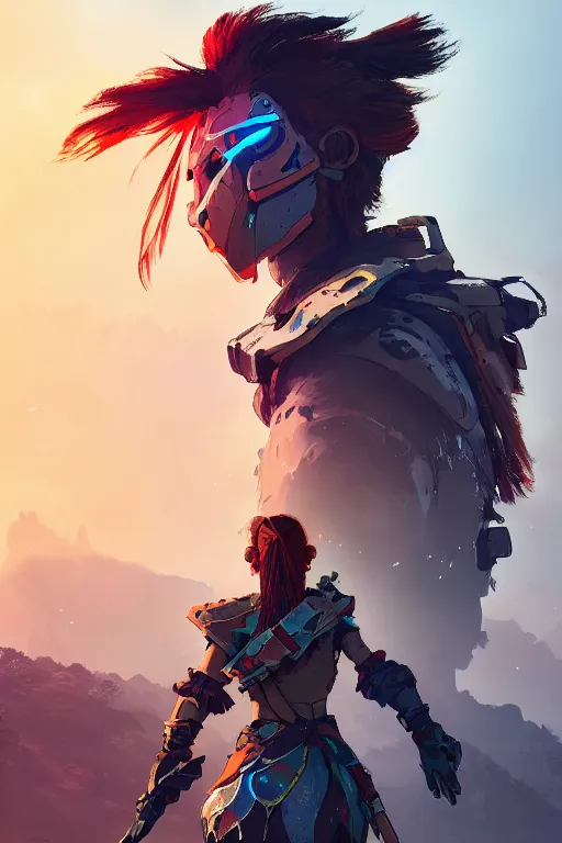 Image similar to combination suit armor aloy horizon forbidden west horizon zero dawn radiating a glowing aura global illumination ray tracing hdr fanart arstation by ian pesty and alena aenami artworks in 4 k tribal robot ninja mask helmet backpack