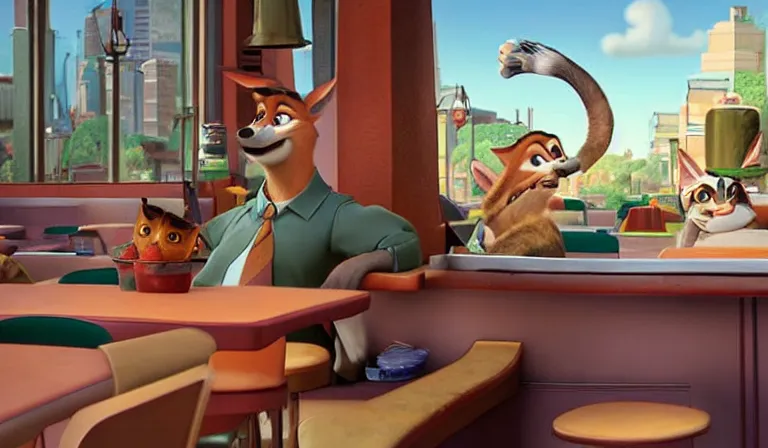 Prompt: A scene from Zootopia. Nick cries at the diner. Pixar Digital Movies