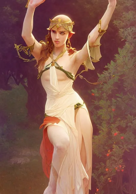 Image similar to zelda dance, intricate, elegant, highly detailed, digital painting, artstation, concept art, smooth, sharp focus, illustration, art by artgerm and greg rutkowski and alphonse mucha and william - adolphe bouguereau