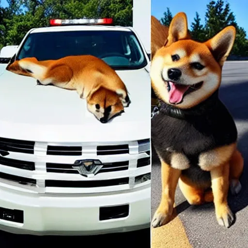 Image similar to a photo of a shiba inu driving a pickup truck is given a speeding ticket by a k 9 dog cop for speeding in the highway