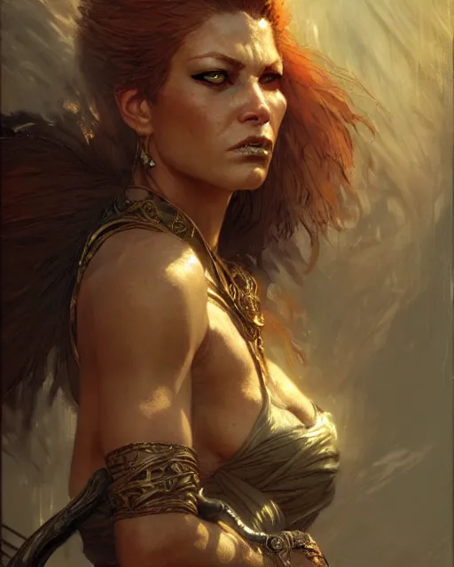 Prompt: fierce woman, fantasy character portrait, ultra realistic, concept art, intricate details, highly detailed, wide angle, by andrew robinson, gaston bussiere, craig mullins, simon bisley