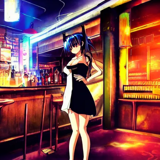 Image similar to Cinematography, anime girl in a bar, cyberpunk city