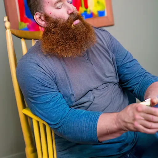 Image similar to six foot tall burly man named craig, eating crayons crayons stuffed into his mouth, chewing, eating, binging, sitting on a wooden chair, at evening, 4 k photograph