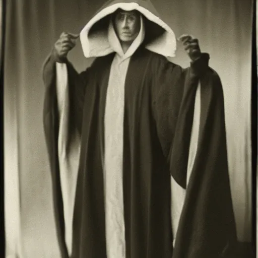 Prompt: A historical photograph of a wizard, wearing a robe and hood, film grain, 1920s, dark background