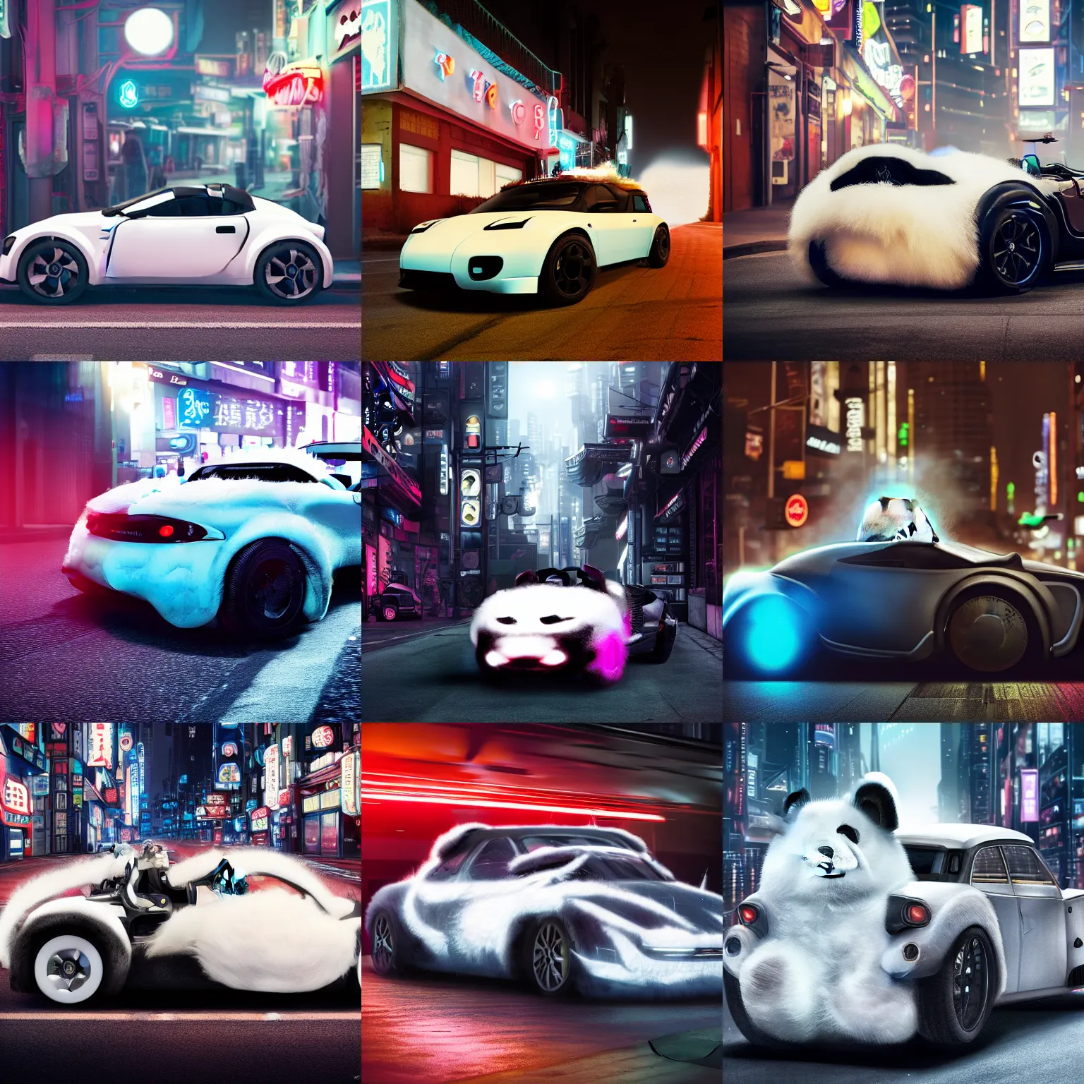 Prompt: a fluffy roadster covered with white fur and in the style of a panda, parking in the street, Cyberpunk, neon light, 4k, hd, highly detailed