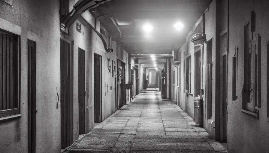 Image similar to hospital alley, dimly lit, intricate details, dramatic light, establishing shot