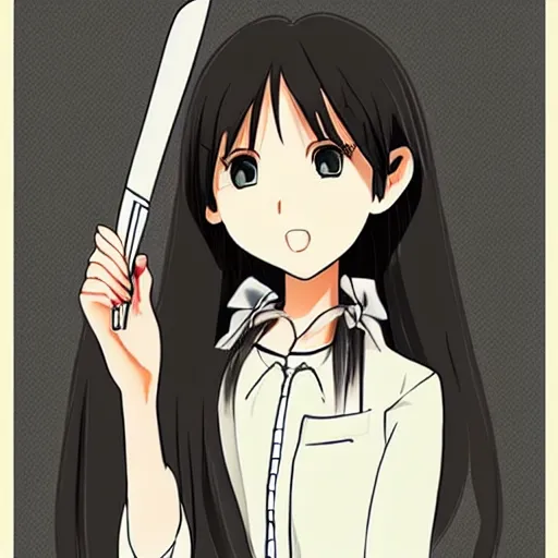 Image similar to “Detailed manga art of a beautiful Japanese girl holding a knife; loving expression; school uniform; high contrast; clean, sharp”