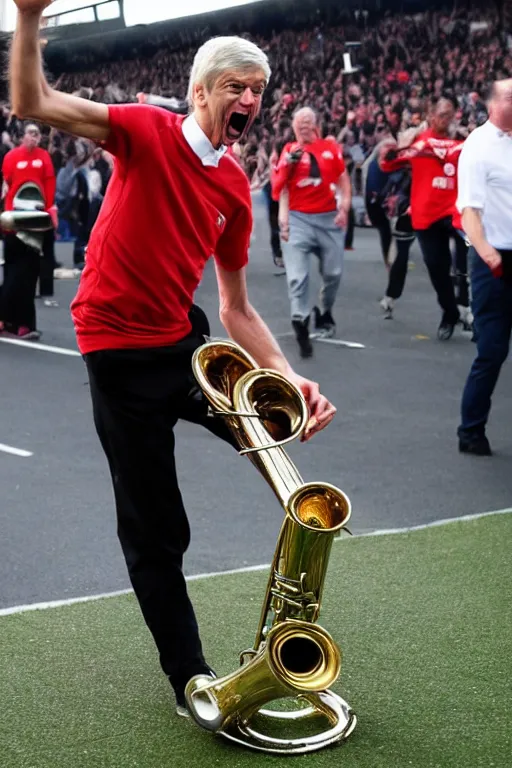 Image similar to a photo of arsene wenger going wild on a saxaphone