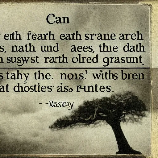 Prompt: can earth be earth when all its trees are gone, and sudsy waters have become unfit, and poisoned life no longer greets the dawn, with raucous sounds that death has caused to quit